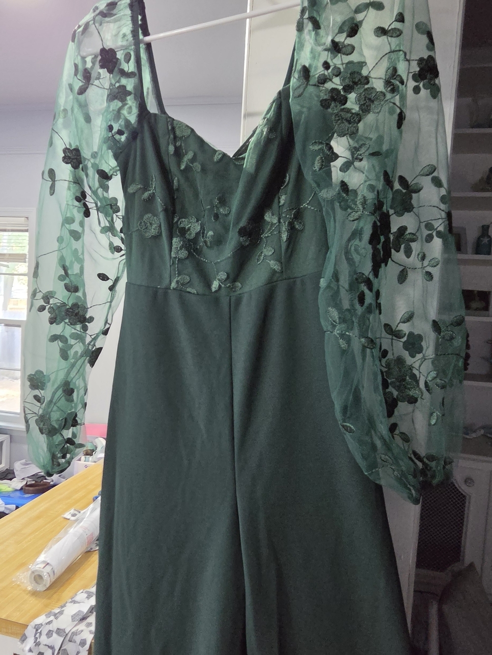 Embroidered Green Long-Sleeve V-Neck Jumpsuit